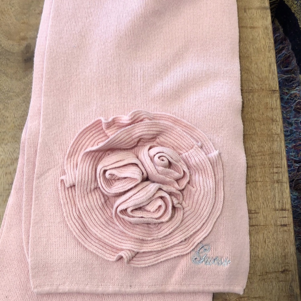 Guess Pink Tight Knit Scarf 9" Wide with Rosette